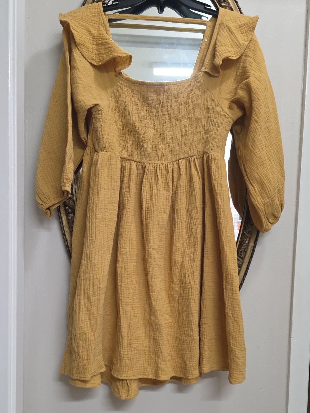 Umgee Yellow Smocked Ruffle Shoulder Square-Neck Women's Dress Size S Like New